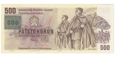 Náhled Averzní strany - 500 Kčs bankovka 1973, kolek lep. - stav UNC.